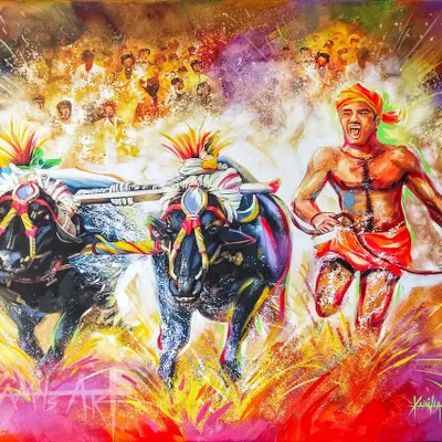 The Kambala in full force. This acrylic painting captures a runner guiding his buffaloes through the muddy track, surrounded by the roar of the crowd. It's a moment of pure power and tradition.