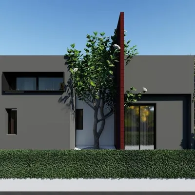 A front elevation render of a contemporary villa design. The minimalist facade is defined by its clean geometry, a single prominent tree integrated into the architecture, and a privacy hedge that frames the property.