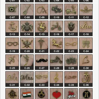 This is a chart of the many metal charms you can choose from to add to your personalized wallet, keychain, or passport holder. Options range from crowns and cars to hearts and initials.
