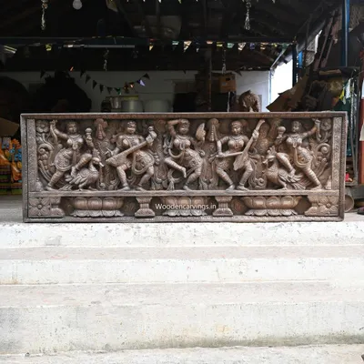 This 73-inch horizontal panel depicts celestial Apsaras in various graceful poses, some playing musical instruments. The full-length view showcases the rhythmic composition and the incredible detail across the entire piece, making it a stunning work of art for a large wall.