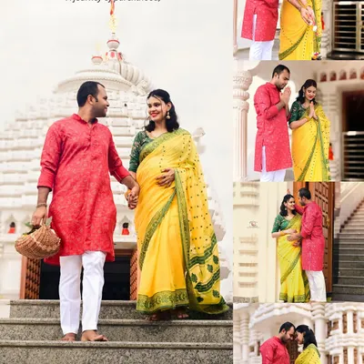 This collage celebrates an expecting couple's journey with a maternity shoot at a temple. Dressed in vibrant traditional Indian attire, their photos reflect devotion, love, and anticipation for their new life together.