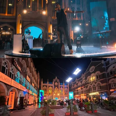 For the song 'Dhun' from the movie 'Saiyaara', we recreated an entire city street and concert venue. The top shows the dramatic final shot with rain effects, while the bottom reveals the physical set we built and augmented with our lighting and screens.