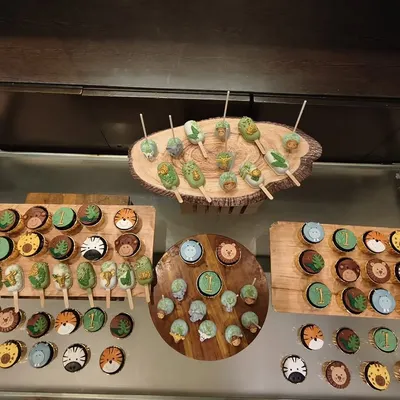 Here is an overhead view of a complete jungle-themed dessert table. You can see the variety of treats, from cupcakes with animal faces to leaf-adorned cakesicles, all arranged on rustic wooden platters to enhance the safari vibe.
