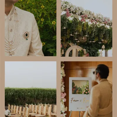 A collage of wedding details, from the groom's elegant sherwani and pearl necklace to the beautiful floral decor and welcome sign. These elements come together to create the wedding's unique atmosphere.