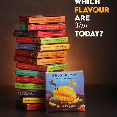 Which flavour are you today? This stack shows the variety in my fruit chocolate collection, from the sweet and spicy Mango Black Pepper to the tangy Cherry Basil.