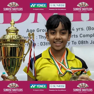 We believe in nurturing champions from a young age. Here, our athlete Divyanshi Gautam celebrates her double gold medal win at the School Games Nationals U-14, a proud moment that showcases the incredible potential within our young players.