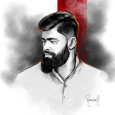 This is an example of my line art style with a touch of color. The black and white sketch captures the details of the hair and beard, while the splash of red adds a modern, graphic element to the portrait.