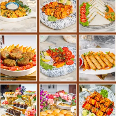 A snapshot of the variety I offer. This grid showcases some of my most popular appetizers, from Indian kebabs and tikkas to sandwiches and desserts, all presented with style.