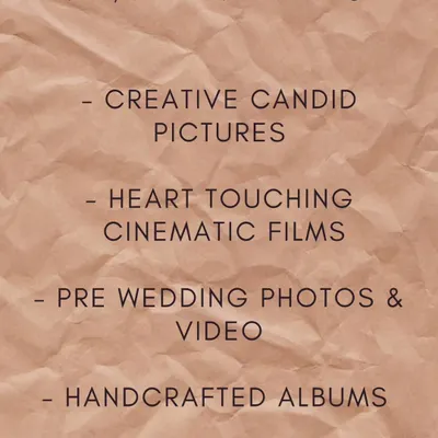 This graphic outlines what I do best. I specialize in creative candid pictures, heart-touching cinematic films, pre-wedding shoots, and handcrafted albums, all designed to tell your unique story.