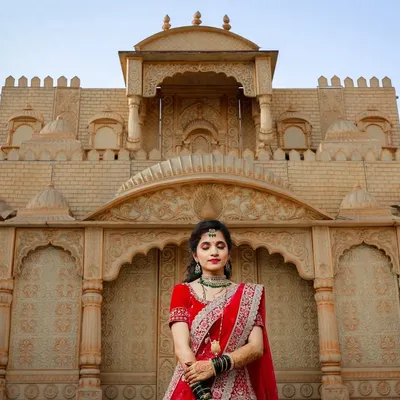 A stunning wide shot of a bride in a red lehenga against a grand, palace-like backdrop. This image showcases the bridal attire in a majestic setting, perfect for a destination wedding lookbook.