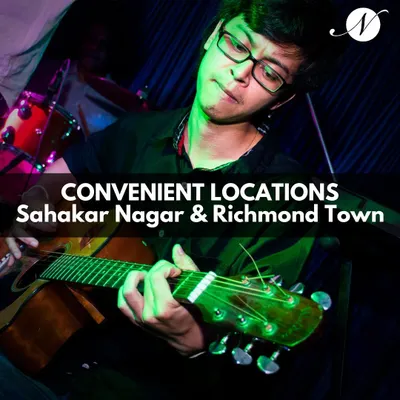 Beyond the bootcamp, we offer comprehensive guitar courses for all skill levels. You can learn online or at our Richmond Town and Sahakar Nagar locations, with options for private or group classes. Many students package guitar with vocals and music theory for a complete education.