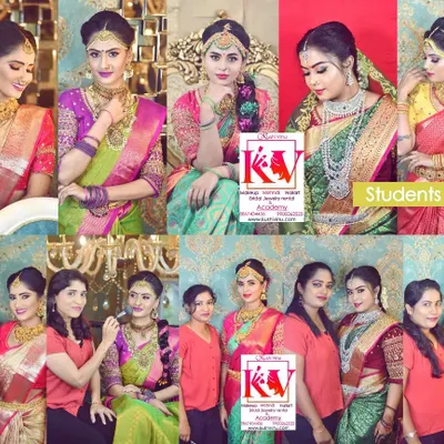 A collage showcasing the amazing work from one of my student batches. Each student works on a different model to practice various South Indian bridal makeup styles and build their professional portfolio.