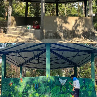 This image shows the dramatic transformation of a public gazebo through a custom wall mural. I turned a plain concrete wall into a lush jungle scene, demonstrating how art can revitalize community spaces.