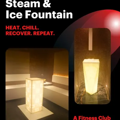 This graphic explains my signature recovery method: HEAT. CHILL. RECOVER. REPEAT. It showcases both the steam room and the ice fountain, the two key elements of my effective contrast therapy spa service.