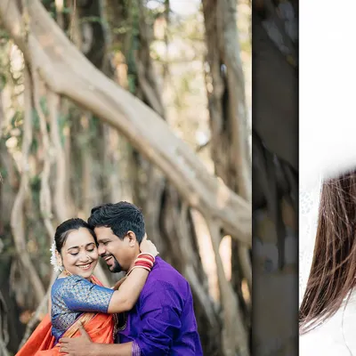 A joyful embrace in traditional Marathi outfits. The vibrant colors of the saree and kurta look beautiful against the natural backdrop.
