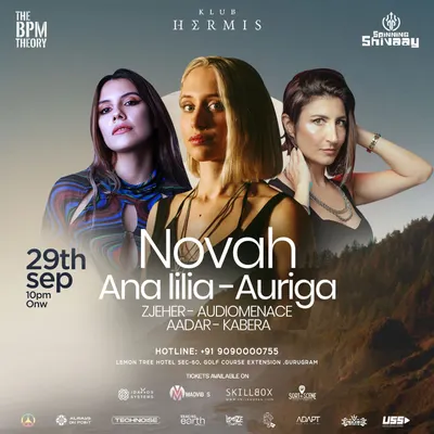 The flyer for a massive techno night with Novah, the hard techno queen from Belgium, right after her Tomorrowland set. I curate lineups with global techno pioneers.