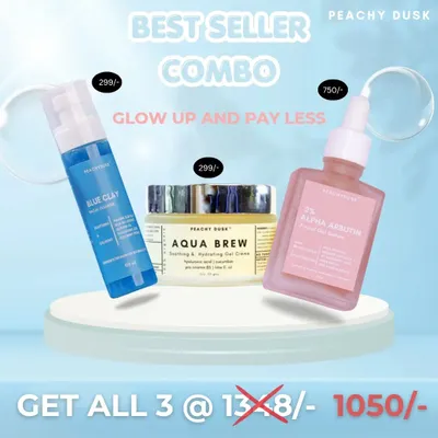 Glow up and pay less. This graphic showcases my bestseller combo, featuring the Blue Clay cleanser, Aqua Brew creme, and Alpha Arbutin serum at a special discounted price.