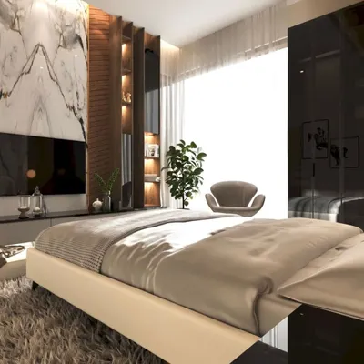 A 3D render of a master bedroom featuring a book-matched marble TV wall and integrated wooden shelving. The design includes a glossy black wardrobe and soft lighting to create a sophisticated, hotel-like feel.