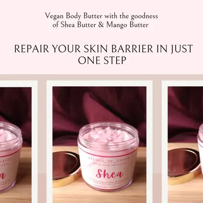 My non-comedogenic Shea Body Butter is enriched with both Shea and Mango butter to deeply moisturize and hydrate your skin. It helps repair your skin barrier, leaving it healthy and supple.