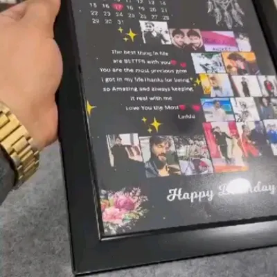 A close-up of the birthday collage frame, showing the high-quality UV printing and the layout that includes a calendar, photos, and a custom message.