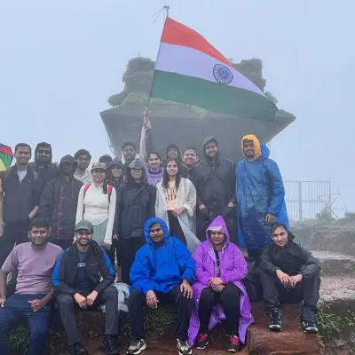 Our group celebrating Independence Day at the top of Kodachadri. The fog and rain couldn't dampen our spirits.