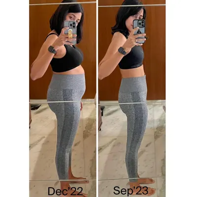 A nine-month journey of dedication. This client's transformation shows a significant reduction in body fat and a more toned, stronger physique, achieved through consistent workouts and nutrition.