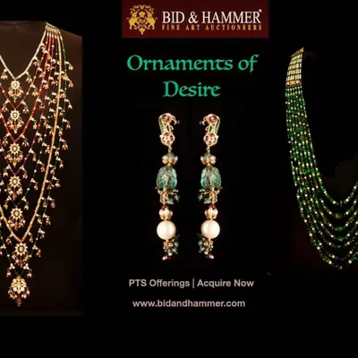 A preview of our 'Ornaments of Desire', featuring a 'Navratna Satlada' seven-strand necklace, emerald and diamond earrings, and a seven-line emerald Kantha. These pieces are available for private acquisition.