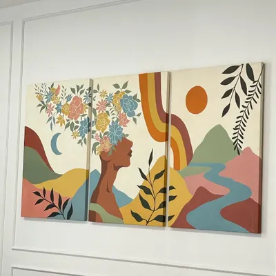 A closer look at the BOHO multi-panel canvas painting. This original artwork is composed of three separate canvases that come together to create a single, flowing image of nature and femininity.