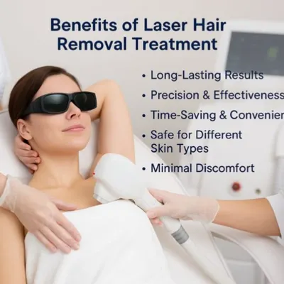This image highlights the key benefits of laser hair removal, a service I specialize in. My clinic uses safe, US-FDA approved technology to deliver long lasting results with minimal discomfort, making it a convenient and effective alternative to traditional hair removal methods.