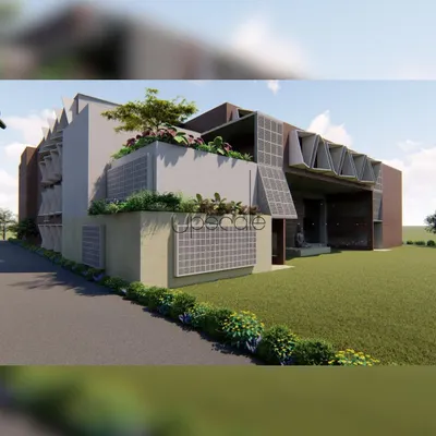 A 3D render of a large scale institutional building, showcasing the integration of rooftop gardens and green spaces. This approach to landscape design helps manage stormwater, improves air quality, and provides tranquil recreational areas for occupants.