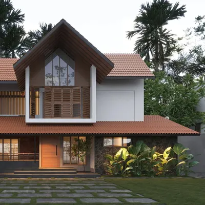 This upcoming project features a striking combination of a stone-clad base, terracotta roofing, and a modern cantilevered section with wooden louvers.