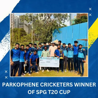 The Parkophene Cricketers team, associated with our club, poses with the winner's cheque and trophy after their victory in the SPG T20 Cup.