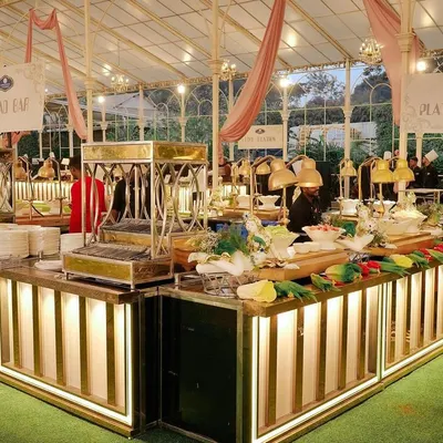 An elegant buffet setup inside a glasshouse structure for a premium wedding. The illuminated counters and designated stations for salads and plates ensure a smooth and sophisticated guest experience.