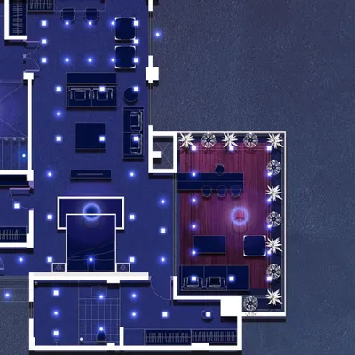 A detailed lighting and furniture layout for a luxury penthouse, illustrating the initial planning stage. The plan includes a terrace with designated planters, showing how landscape elements are integrated from the very beginning of the design process.