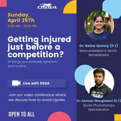 An announcement for our free live video conference on how to avoid injuries before a competition. This session, featuring Dr. Raina Quinny and Dr. Sameer Mangwani, is open to all and discusses common mistakes in training routines.