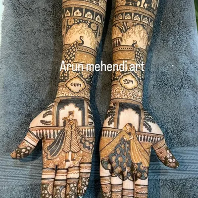 This design combines classic bride and groom figures on the palms with their initials, 'Shubh' and 'Labh', hidden in the forearm patterns for a personal touch.