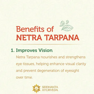 The first benefit of Netra Tarpana is improved vision. This therapy works by deeply nourishing and strengthening the eye tissues, which helps enhance visual clarity over time.