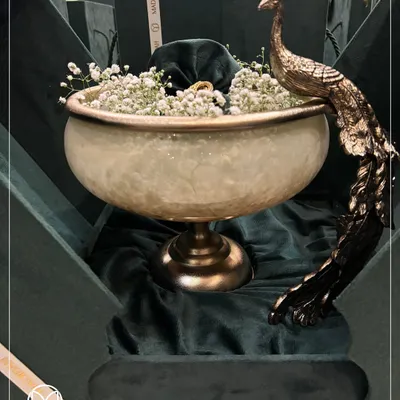 The Peacock Bowl, presented in its custom-fit, velvet-lined gift box. The regal peacock, with its intricately detailed tail, perches gracefully on the edge of the bowl, symbolizing grace and prosperity.