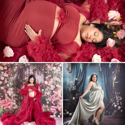 My studio allows for a wide range of styles, from the bold and dramatic red floral gown to the elegant and regal silver dress. This collage shows just a few of the stunning looks we can create together.