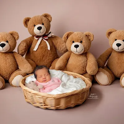 A classic and heartwarming setup for a newborn session. This sweet baby is sleeping soundly in a simple basket, watched over by a family of fluffy teddy bears. It’s a timeless concept that always results in adorable photos.