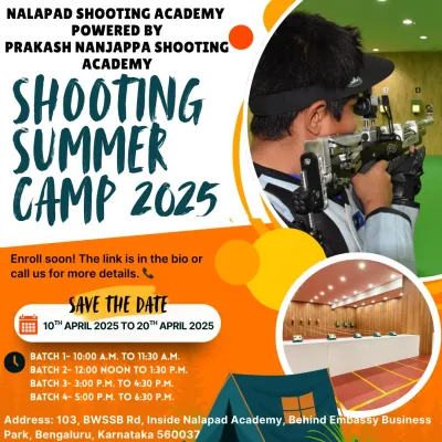 Announcing our Shooting Summer Camp for 2025. This poster details the dates, batch timings, and location, inviting parents to enroll their children for a unique and skill-building holiday experience.