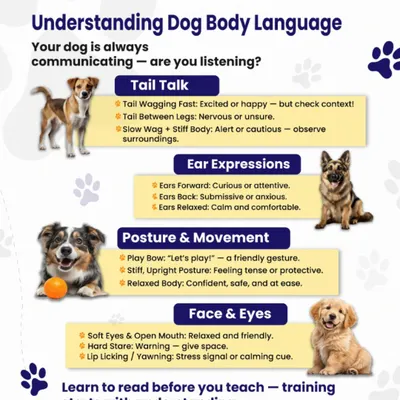 An infographic explaining key aspects of dog body language, from tail wags to ear positions. Learning to read these signals is the first step to understanding what your dog is trying to tell you.