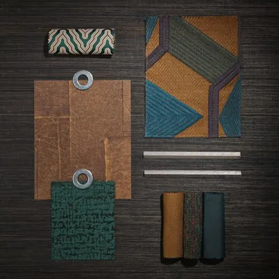 This is where a project begins: with a dialogue between materials. Our mood board balances richness with restraint, combining geometric patterns, textured solids, and leather-like swatches from Élitis to create a cohesive and sophisticated color story.