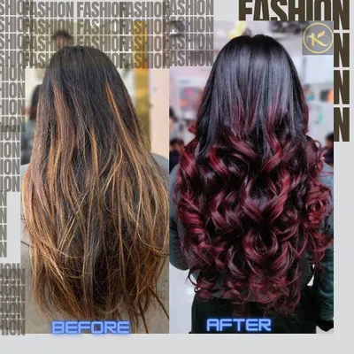 A dramatic before and after hair color transformation. I took this client's hair from dull and dry to a vibrant, rich red with deep conditioning, styled into beautiful curls to show off the dimension.