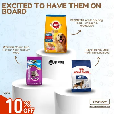 We carry the brands you know and trust. This image shows some of the popular choices available in our store, including Pedigree, Whiskas, and Royal Canin for both dogs and cats.