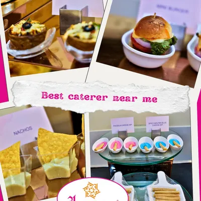 A collage of our popular fusion starters. We offer a variety of bite-sized treats like mini burgers, jacket potatoes, and individual nacho cups.