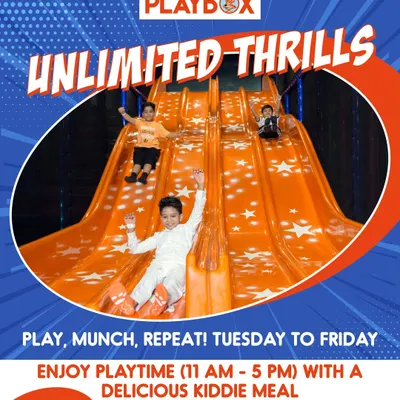 Our "Unlimited Thrills" weekday offer poster. For just ₹999, kids get hours of playtime plus a delicious meal.