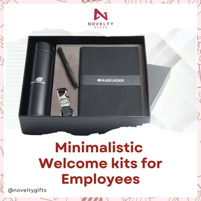 First impressions are everything. This minimalist welcome kit for new employees includes a New Balance branded bottle, a Black & Decker diary, a pen, and a keychain.