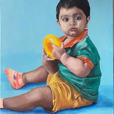 This acrylic portrait of my nephew Vishakh was a labor of love. After taking a break for an eye surgery, I came back to it and repainted the face to get it just right. The vibrant colors and smooth blending are achievable with acrylics on a stretched canvas.
