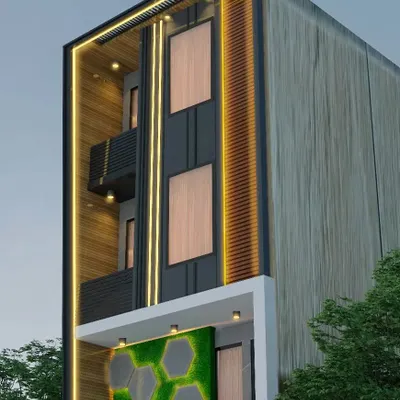 A side view of a modern building elevation we designed. This facade uses a mix of wood-textured panels, dark grey surfaces, and vertical lighting to create a dynamic and contemporary look.